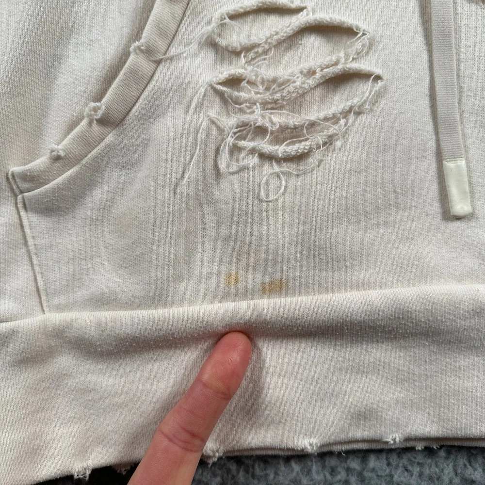 ALO Hoodie Distressed Shredded Beige Womens XS Sweatshirt Ripped‎ Style Flaw